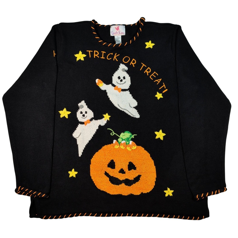 Quacker Factory Sweater Women XL Black Trick or Treat Ghost Pumpkin Halloween